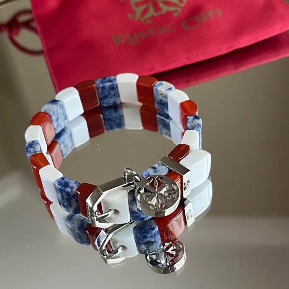 New Rustic Cuff Patriotic USA Natural Gemstone Charay Stretchy Bracelet - Picture 3 of 4